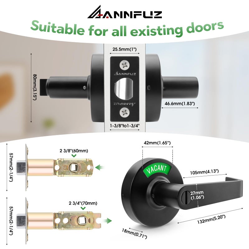 ANNFUZ Privacy Lever Lock with in-Used Or Vacant Indicator,Bathroom Handle Door Lock with Occupied Sign for Men/Woman Restrooms,Commerical ANSI Grade 2,Perfect for Public Washrooms (Matte Black) - Image 3
